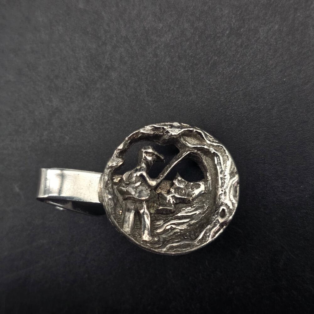 Fishing Scene Tie Tack Clip Silver Tone Fisherman's Gift Vintage - Picture 4 of 5